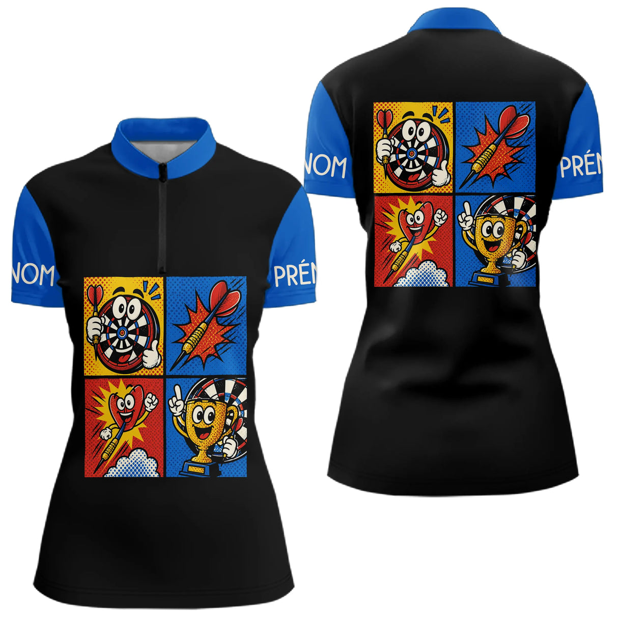 Polo Fléchettes Personnalisé - Bleu & Noir Comic Style - Polo Zippé Femme