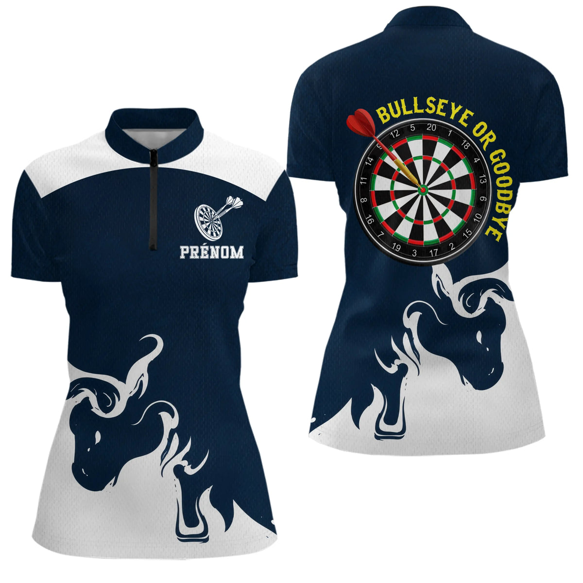 Polo Fléchettes Personnalisé - Bullseye Marine & Blanc - Polo Zippé Femme