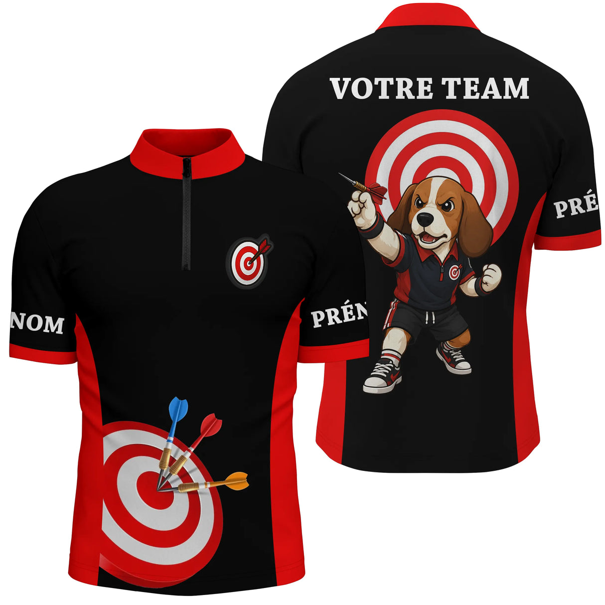 Polo Fléchettes Personnalisé - Chien Noir & Rouge - Polo Zippé Homme