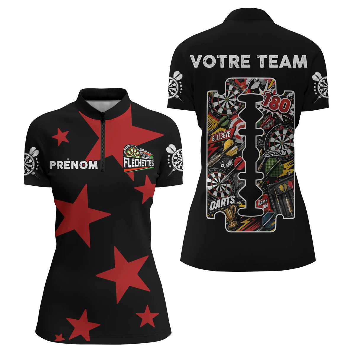 Polo Fléchettes Personnalisé - Design Étoiles Rouges - Polo Zippé Femme