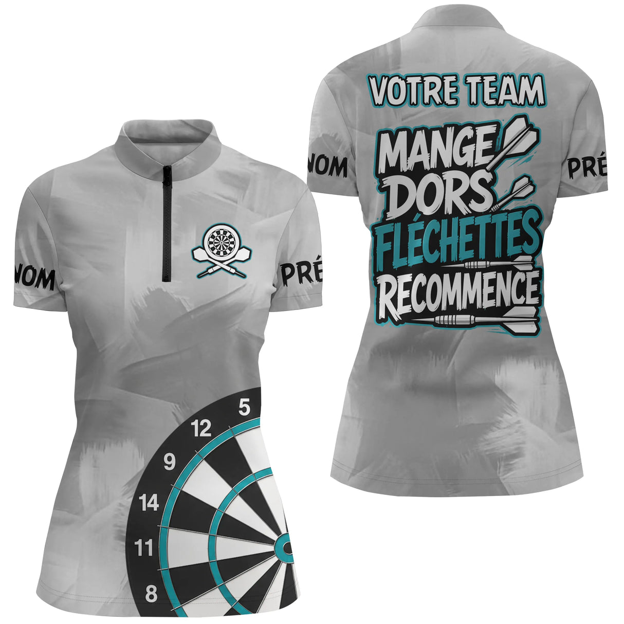 Polo Fléchettes Personnalisé - Gris & Turquoise Sportif - Polo Zippé Femme