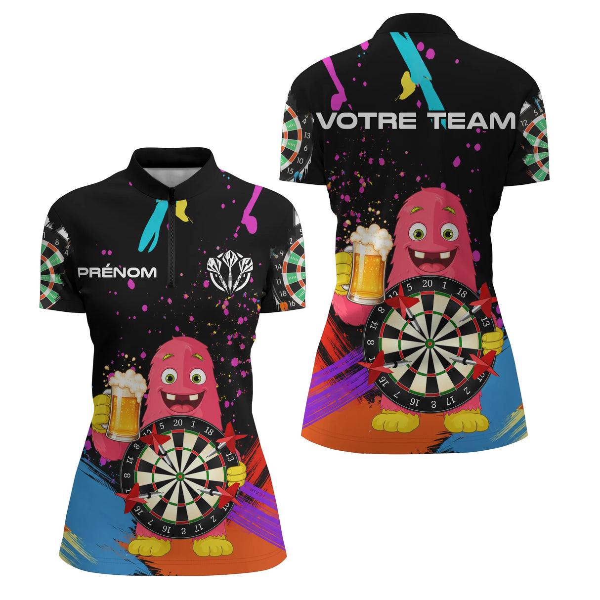 Polo Fléchettes Personnalisé - Monster & Bière Noir - Polo Zippé Femme