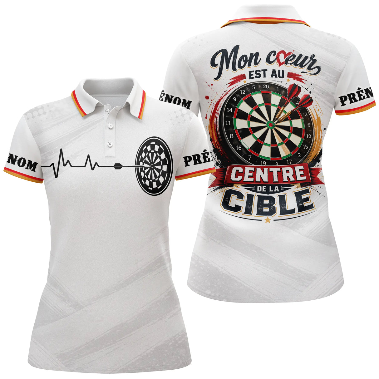 Polo Fléchettes Personnalisé - Noir & Blanc Cœur Cible - Polo Femme