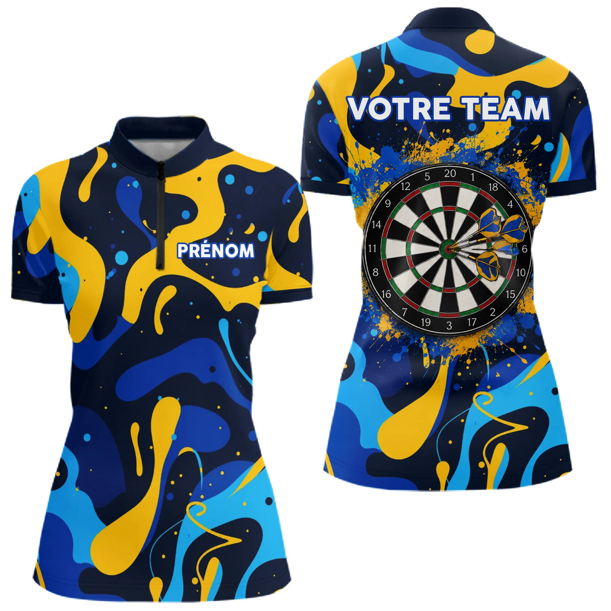 Polo Fléchettes Personnalisé Bleu Jaune - Cadeau Passionné - Polo Zippé Femme