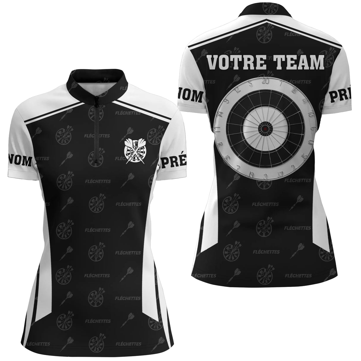 Polo Fléchettes Personnalisé Club - Flammes Noir & Blanc - Polo Zippé Femme