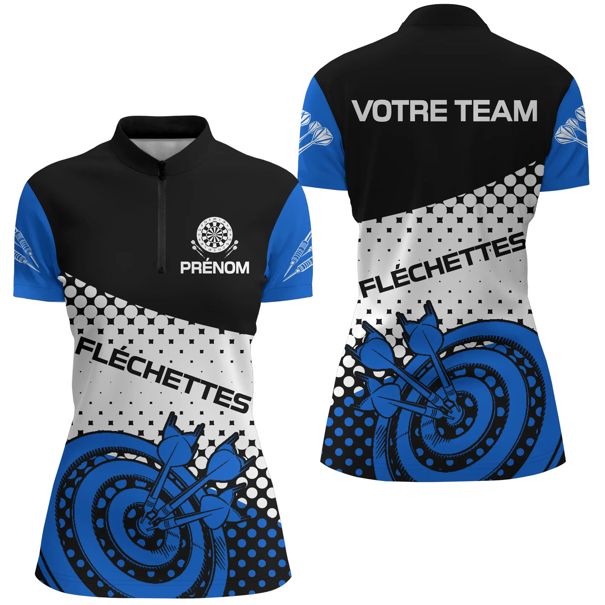 Polo Fléchettes Personnalisé – Design Halftone Bleu - Polo Zippé Femme