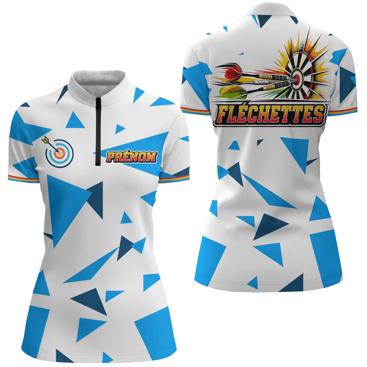 Polo Fléchettes Personnalisé – Design Triangles Bleu Marine - Polo Zippé Femme