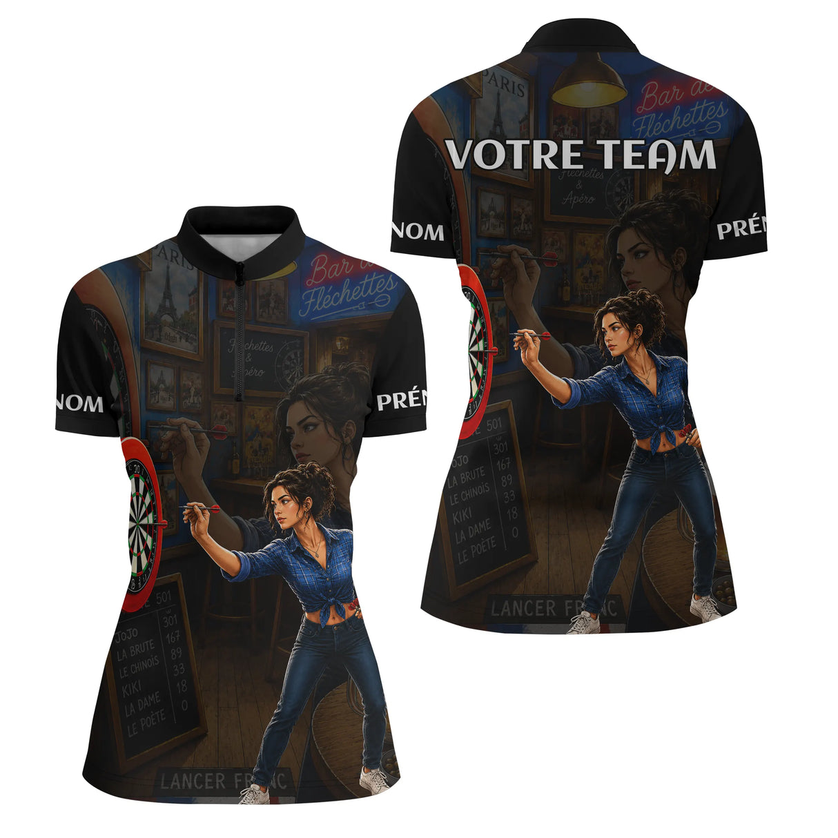 Polo Fléchettes Personnalisable - Style Bar Français - Polo Zippé Femme