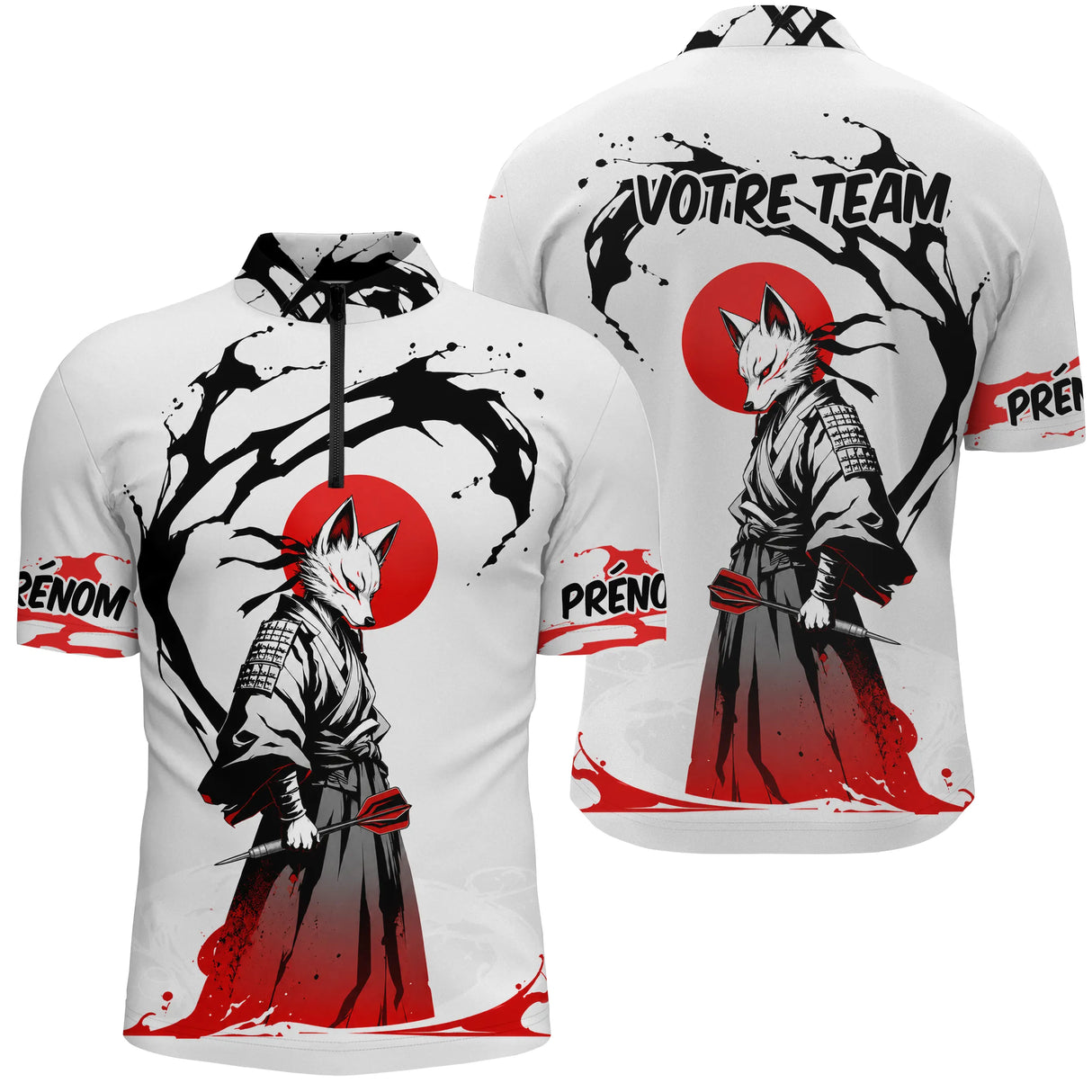 Polo Fléchettes Renard Samouraï - Blanc Rouge Personnalisé - Polo Zippé Homme