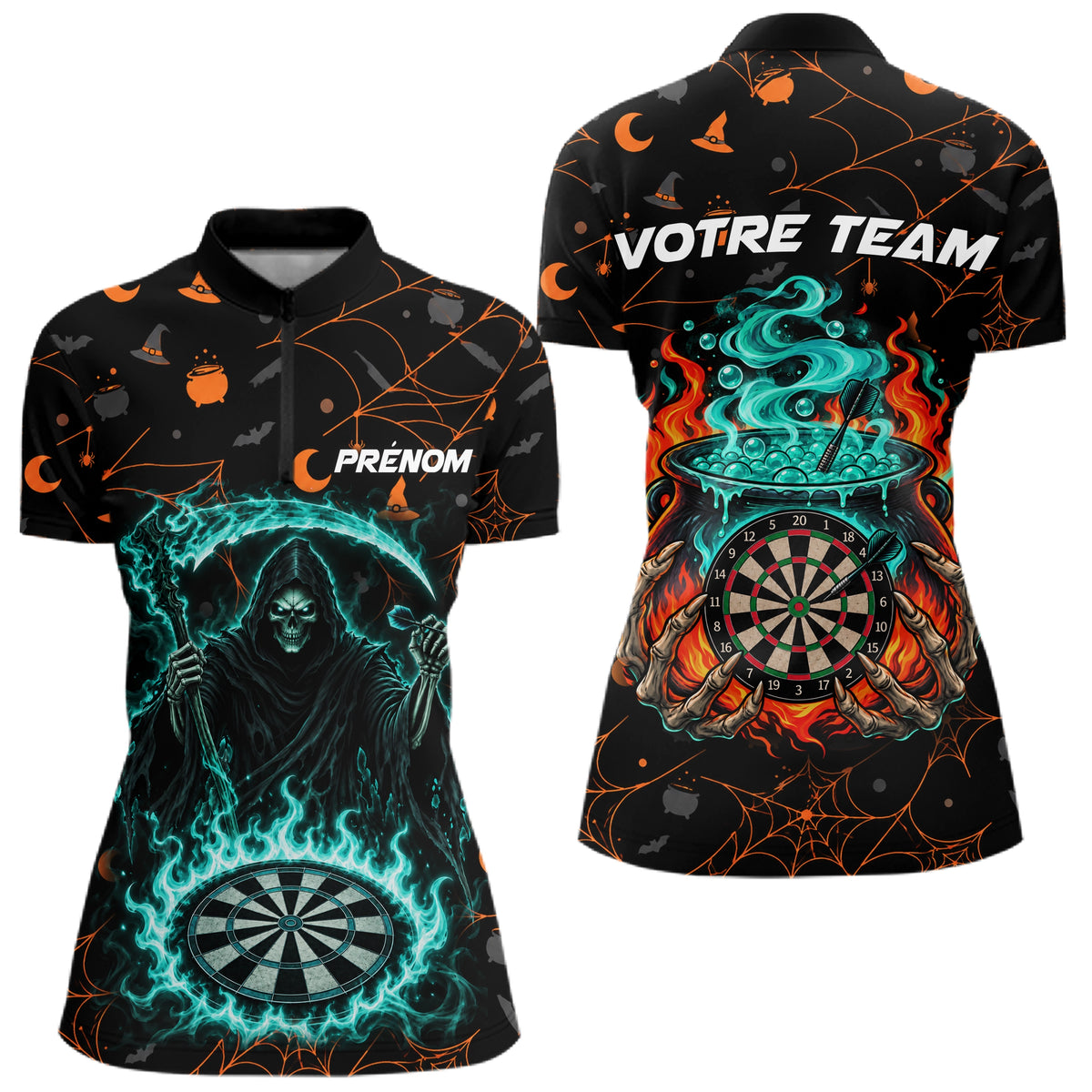 Polo Fléchettes Sorcière & Squelette - Flammes Bleues Personnalisé - Polo Zippé Femme