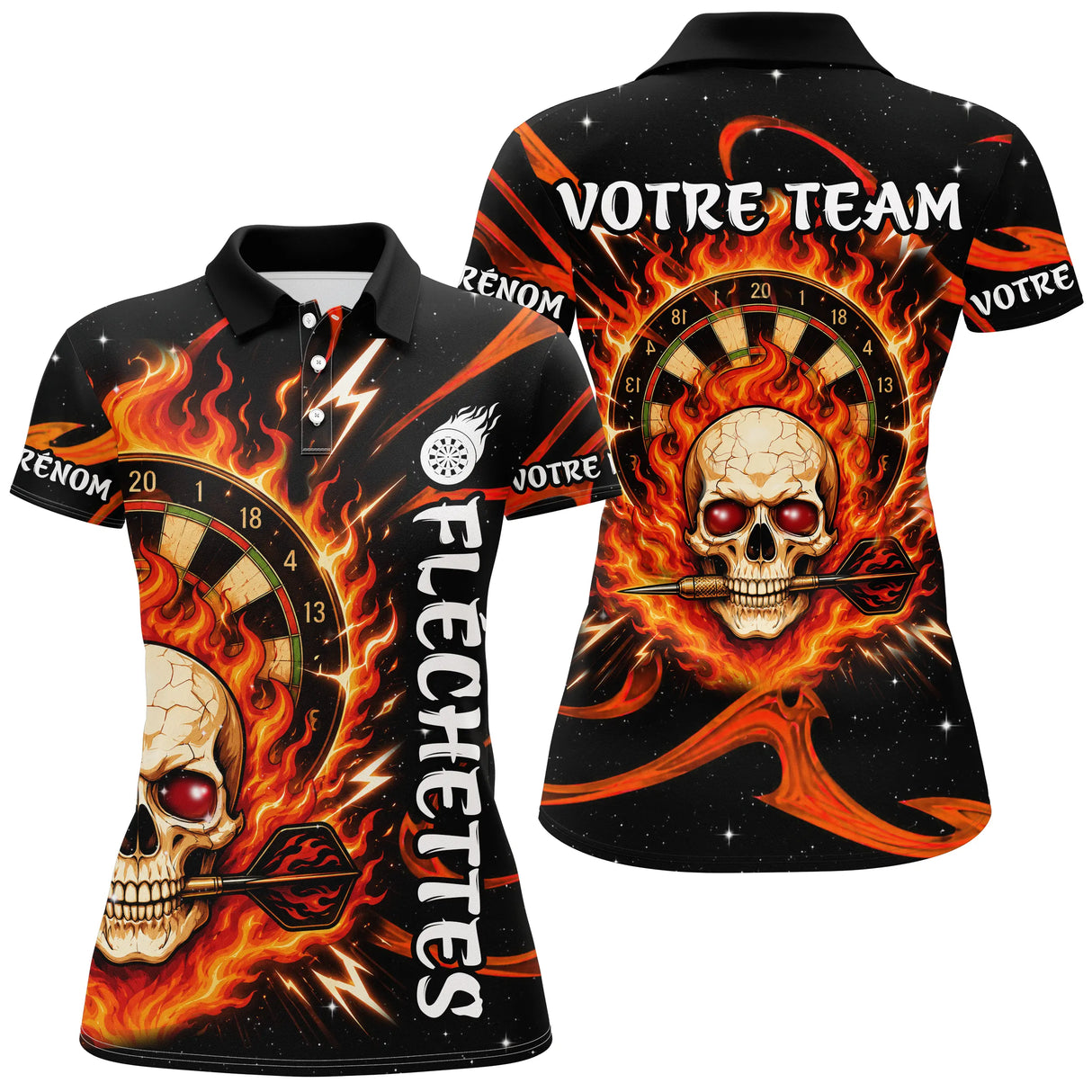 Polo Fléchettes Tête de Mort & Flammes – Personnalisé Femme