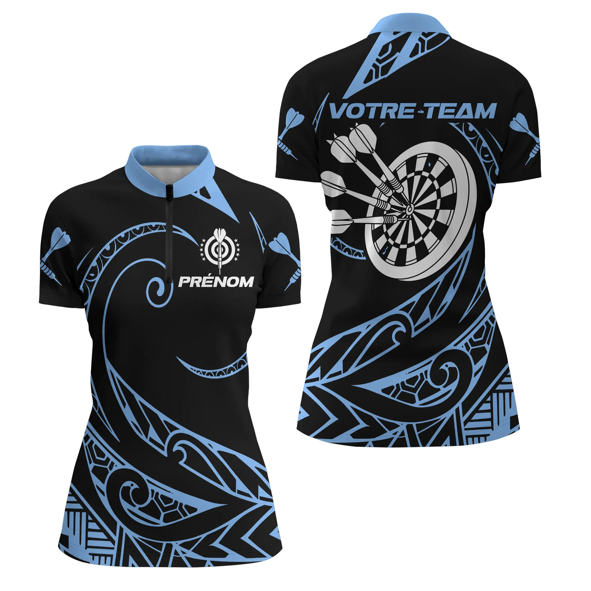 Polo Fléchettes Tribal Premium - Personnalisé Bleu Noir - Polo Zippé Femme