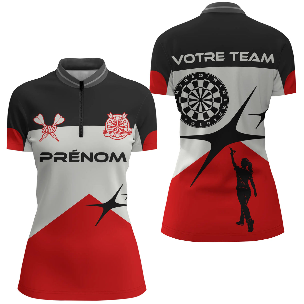 Polo Fléchettes Élite Noir Rouge - Style Tournoi Personnalisé - Polo Zippé Femme
