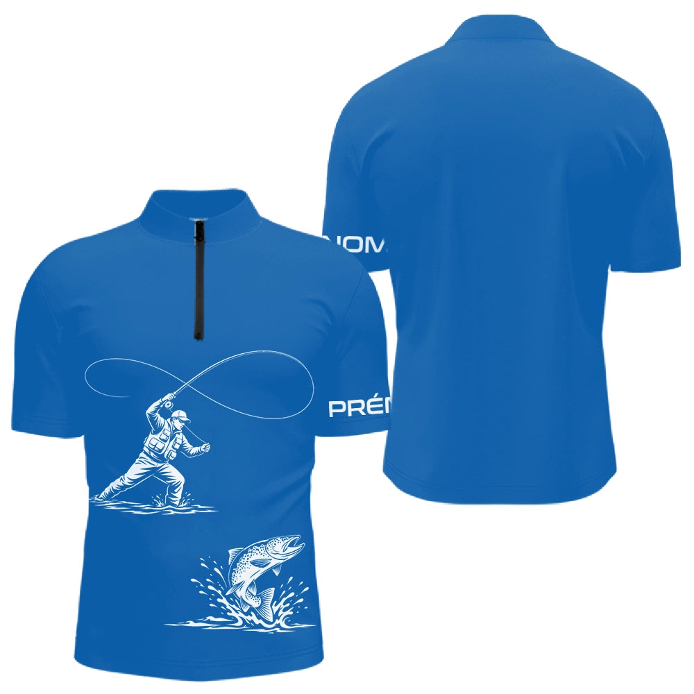 Polo Manches Longues Pêcheur à la Mouche & Truite - Bleu Personnalisé - Polo Zippé Homme