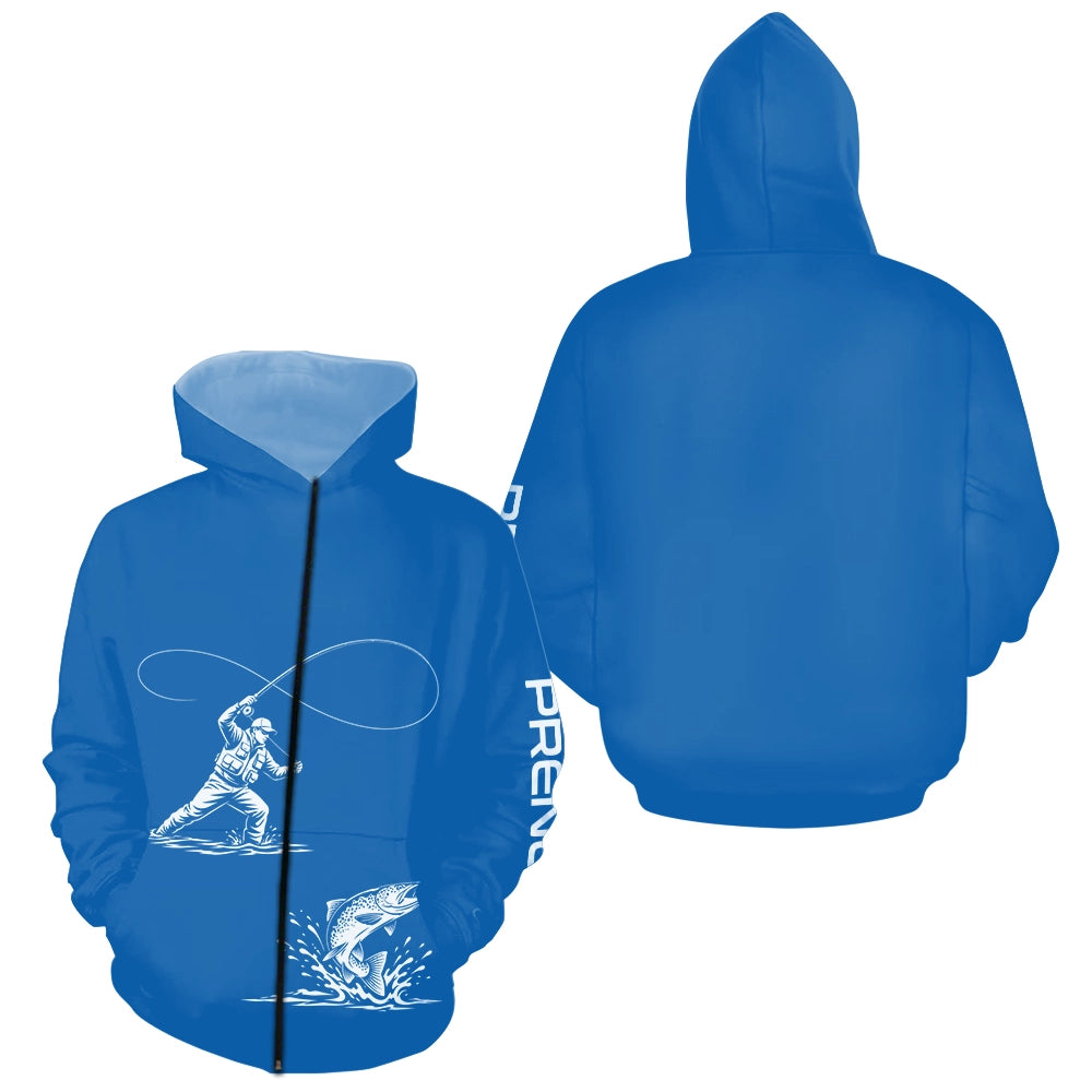 Polo Manches Longues Pêcheur à la Mouche & Truite - Bleu Personnalisé - Zippé Shirt Homme
