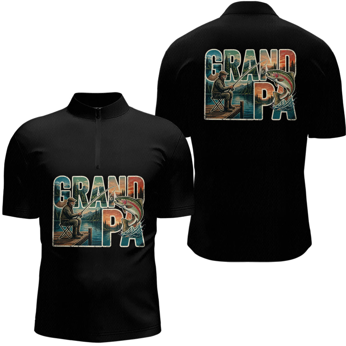 Polo Noir Passion Pêche Grand Père - Idée Cadeau Homme - Polo Zippé Homme