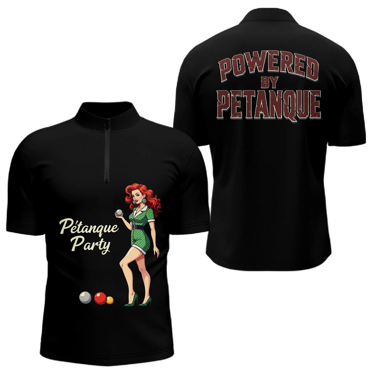 Polo Noir Rétro "Powered by Pétanque" - Homme Femme Cadeau - Polo Zippé Homme