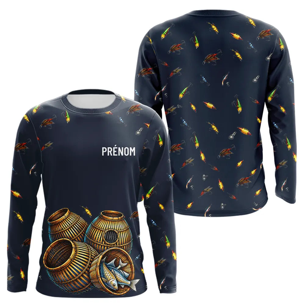 Polo Pêche Bleu Marine - Motif Leurres & Nasses Personnalisé - Long Sleeves Homme