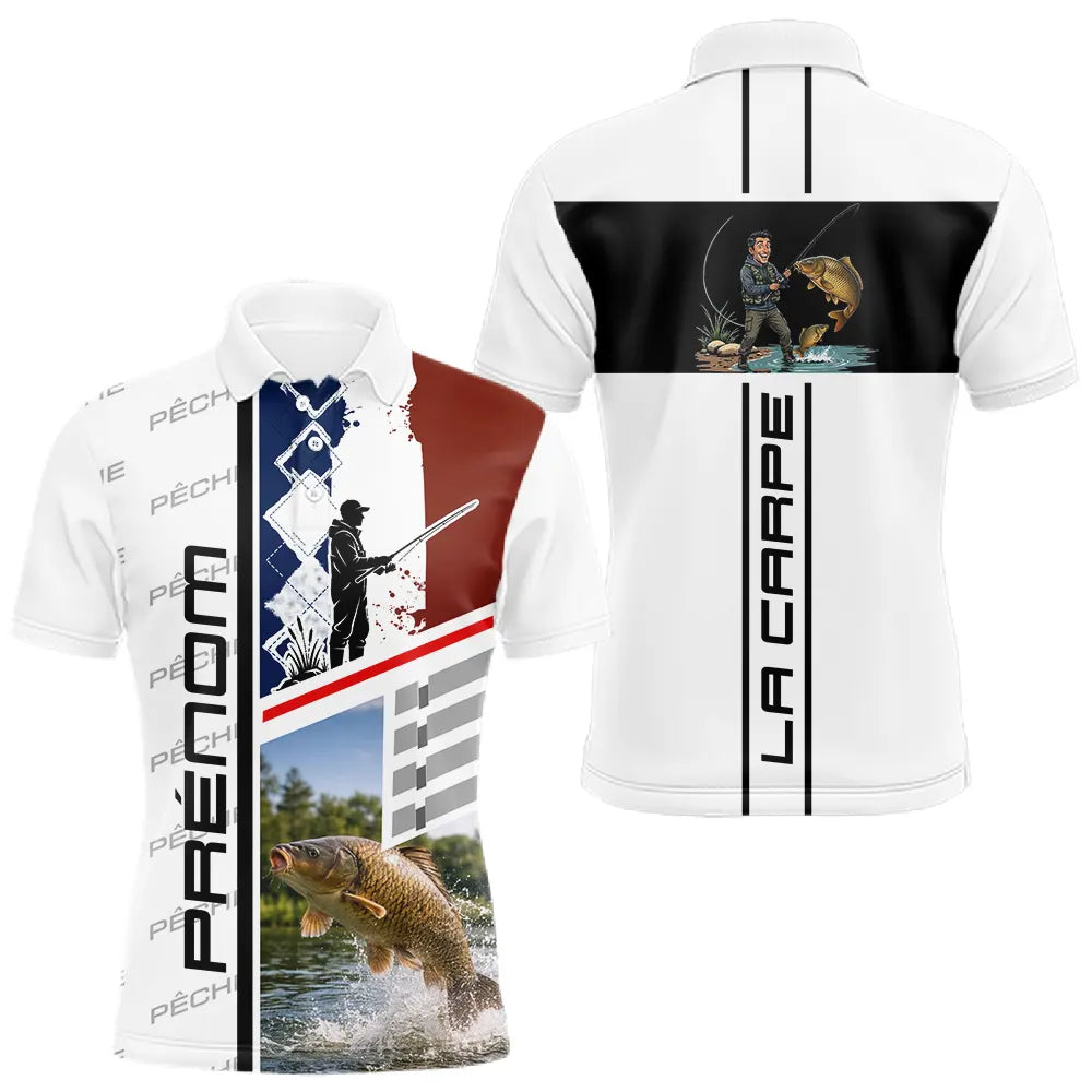 Polo Pêche Carpe Blanc Noir - Design La France Personnalisé - Polo Homme