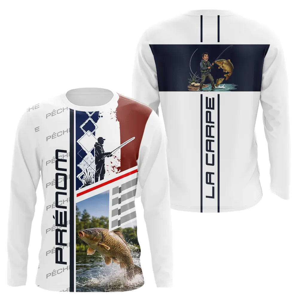 Polo Pêche Carpe Bleu Noir - Design La France Personnalisé - Long Sleeves Homme