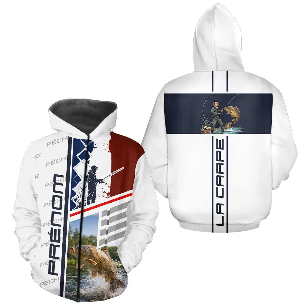 Polo Pêche Carpe Bleu Noir - Design La France Personnalisé - Zippé Hoodie Homme