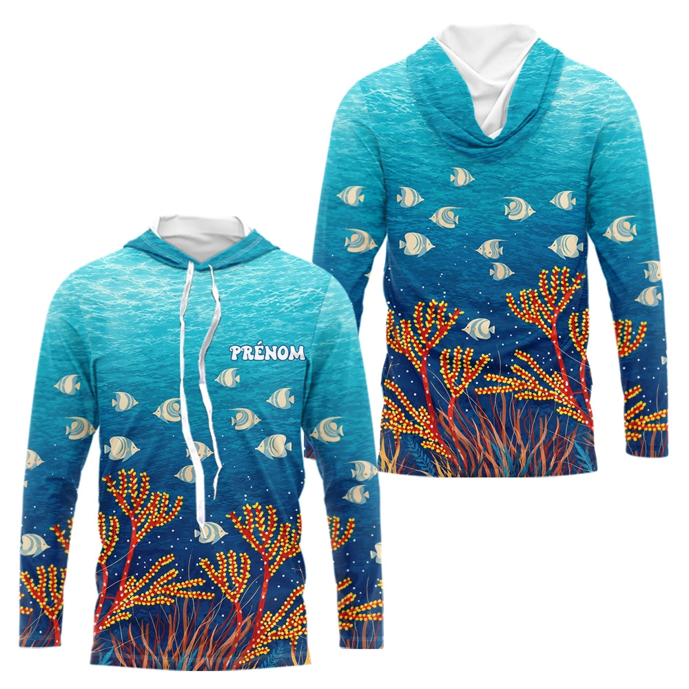 Polo Pêche Mer Personnalisé Corail Bleu - Motif Océan - Long Sleeves Hoodie Homme