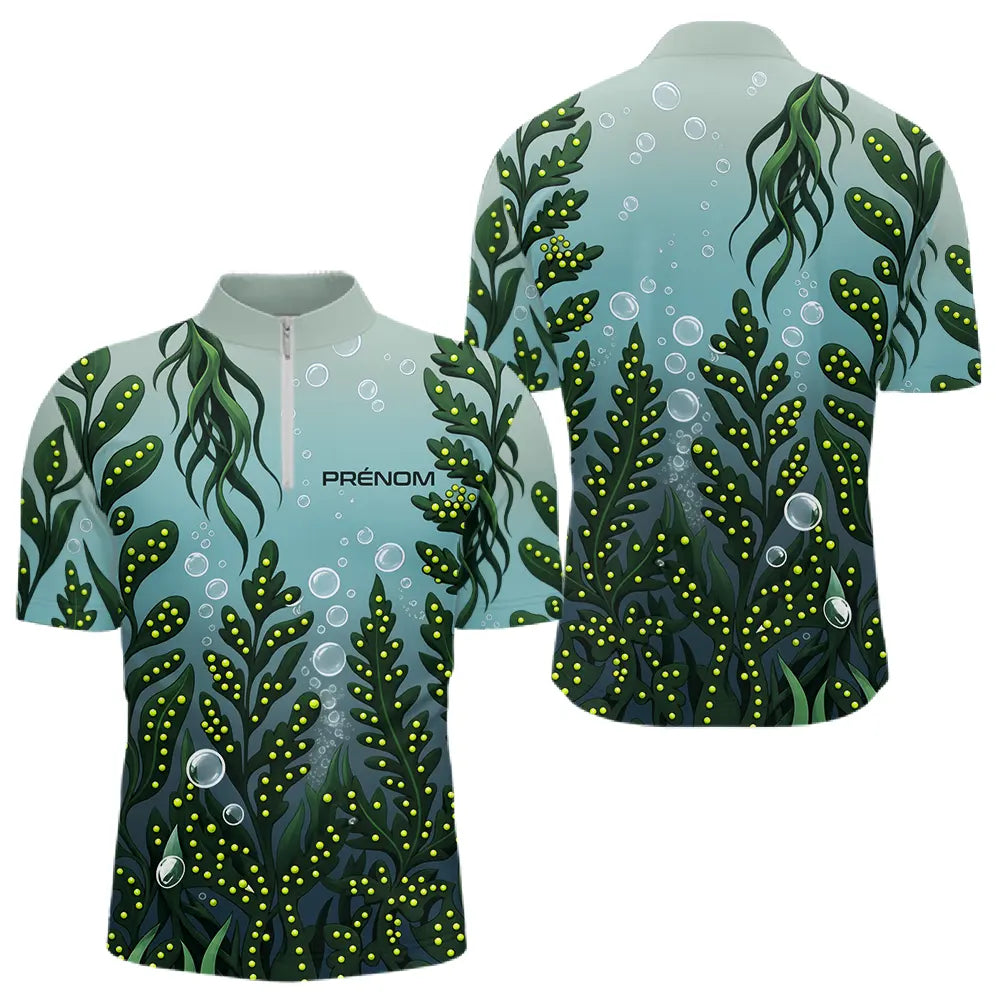 Polo Pêche Motif Algues & Bulles Personnalisé - Bleu Et Vert - Polo Zippé Homme