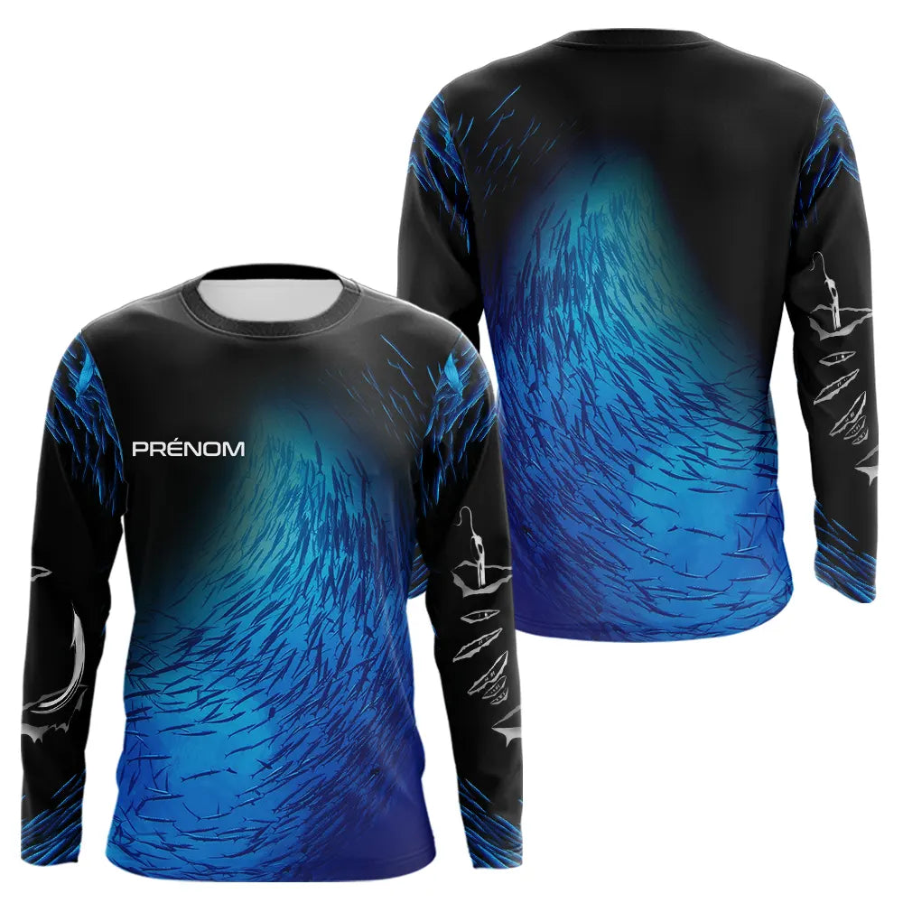Polo Pêche Personnalisé Bleu Océan - Motif Banc Poissons - Long Sleeves Homme