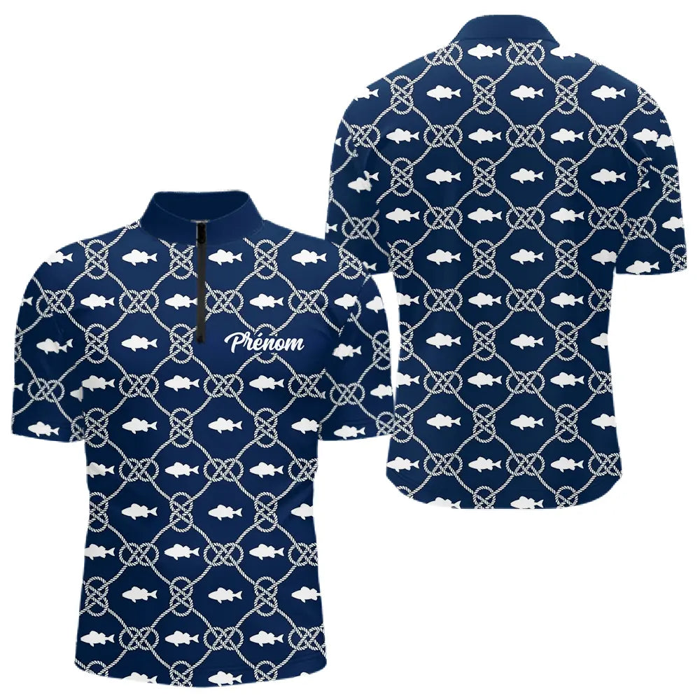 Polo Pêche Sur Mesure Personnalisé Prénom – Bleu Marine & Blanc - Polo Zippe Homme