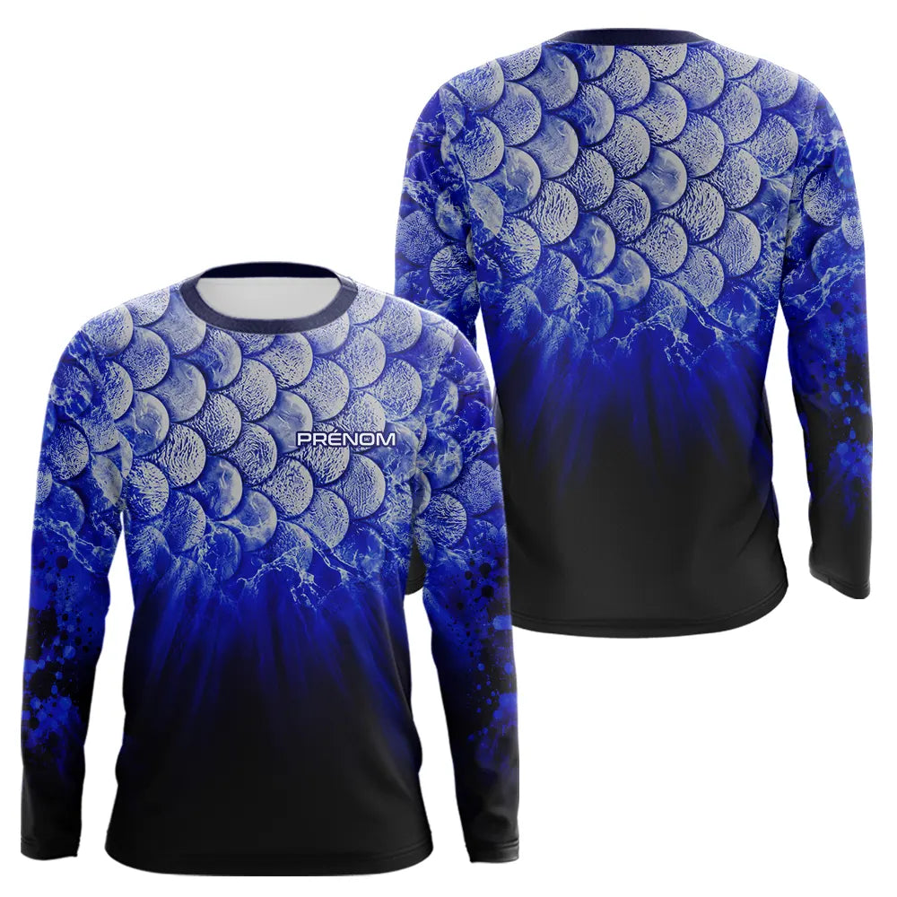Polo Pêche Écailles Personnalisé - Bleu Roi Et Noir 3D - Long Sleeves Homme