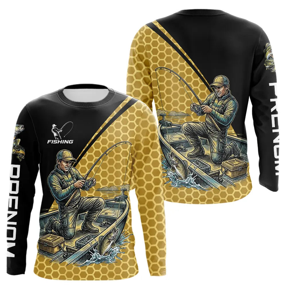 Polo Pêcheur 3D Homme Personnalisé - Noir & Jaune Tenue Sportif - Long Sleeves Homme