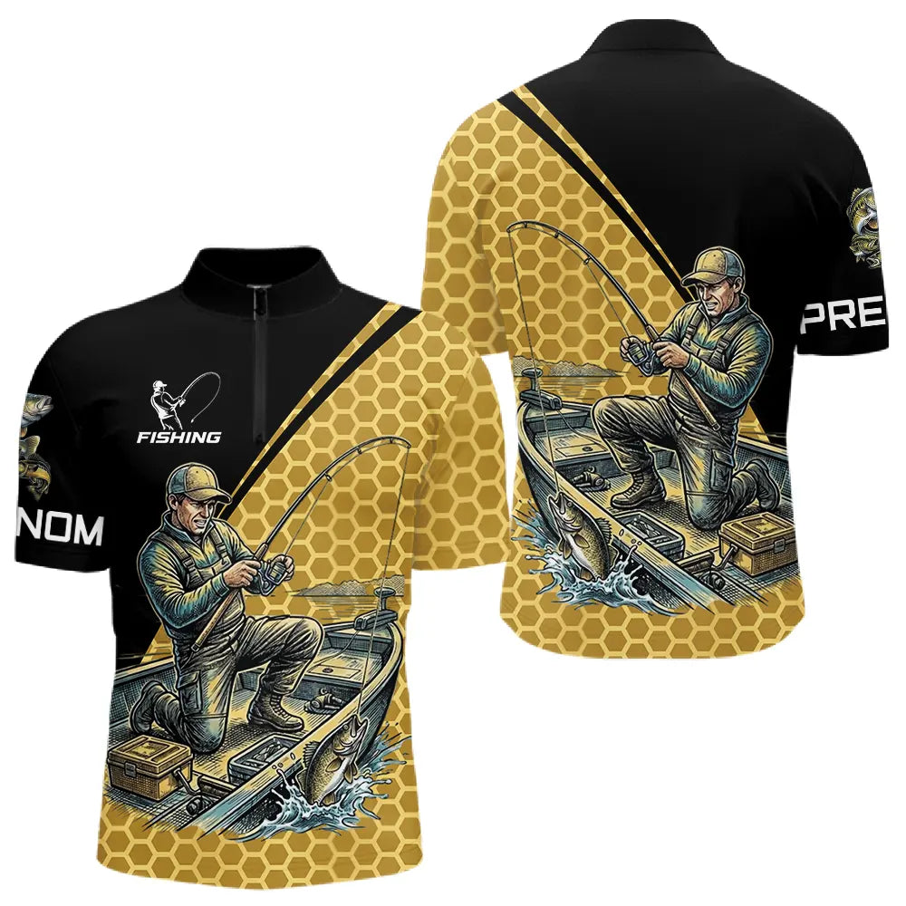 Polo Pêcheur 3D Homme Personnalisé - Noir & Jaune Tenue Sportif - Polo Zippé Homme