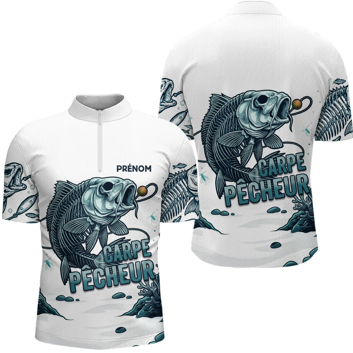 Polo Pêcheur Carpe Blanche Sur Mesure - Blanc & Marine - Polo Zippé Homme