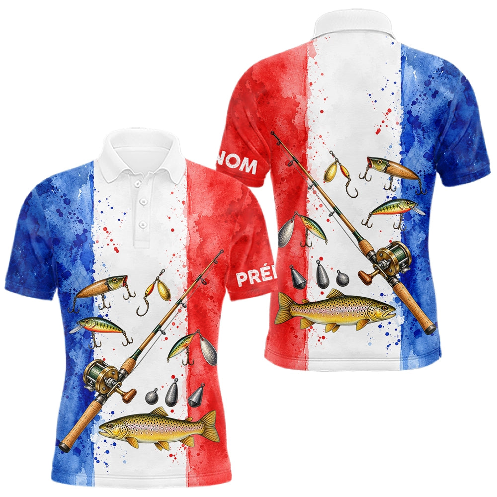 Polo Pêcheur Français Personnalisé Truite - Bleu Blanc Rouge - Polo Homme