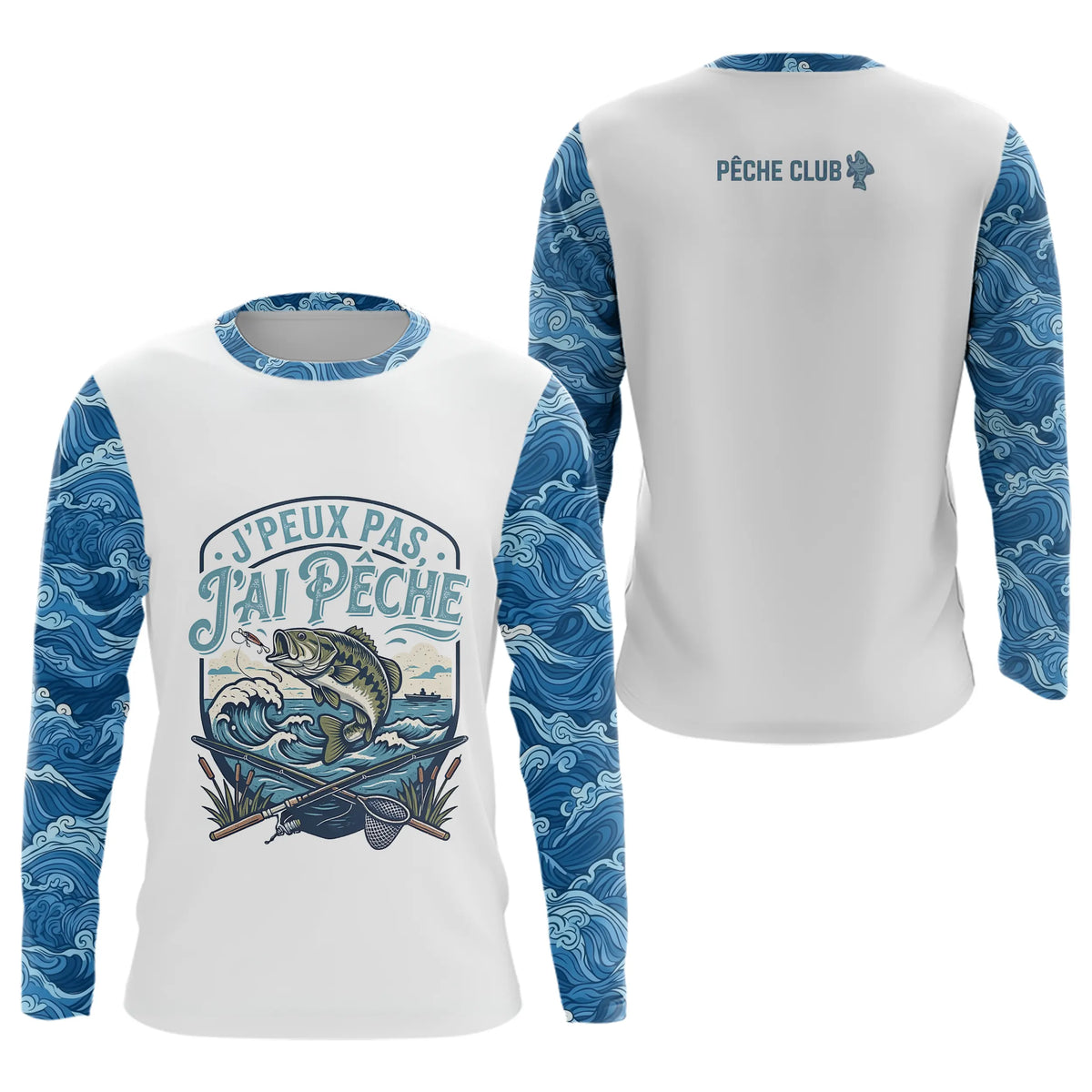 Polo Pêcheur Humour Bleu & Blanc - J'peux Pas J'ai Pêche - Long Sleeves Homme