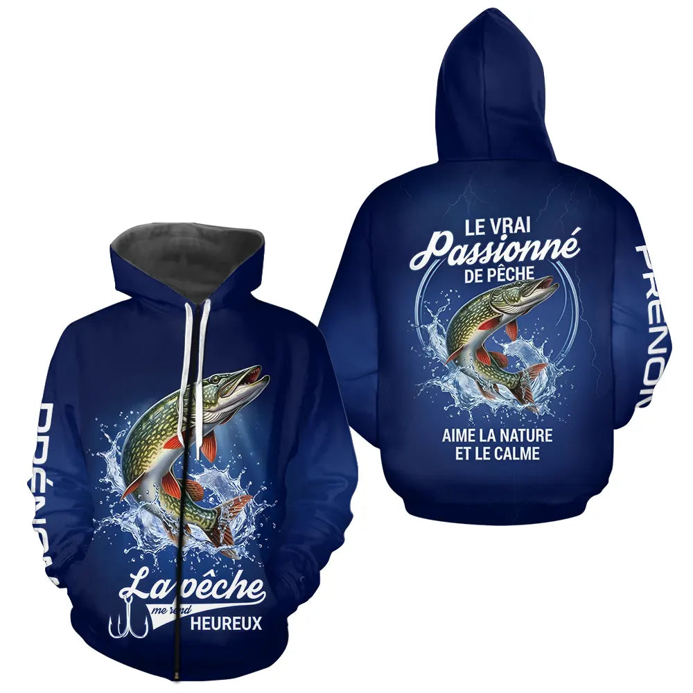 Polo Pêcheur Passionné Personnalisé Bleu - Design Brochets - Zippé Hoodie Homme