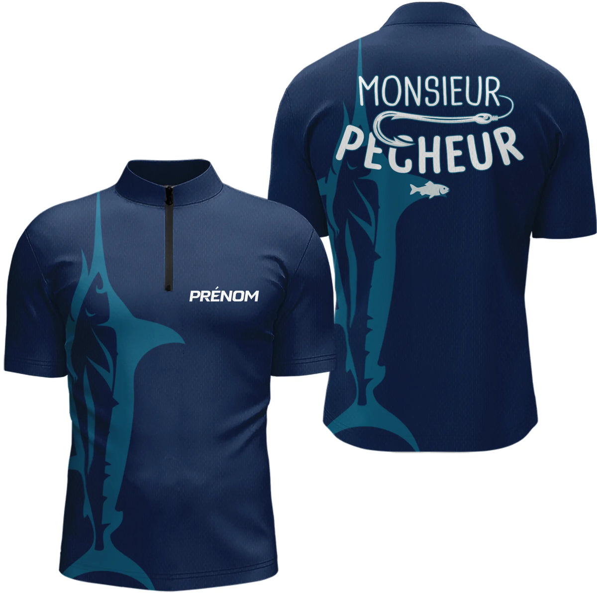 Polo Pêcheur Personnalisé Bleu Marine - Monsieur Pêcheur - Polo Zippé Homme