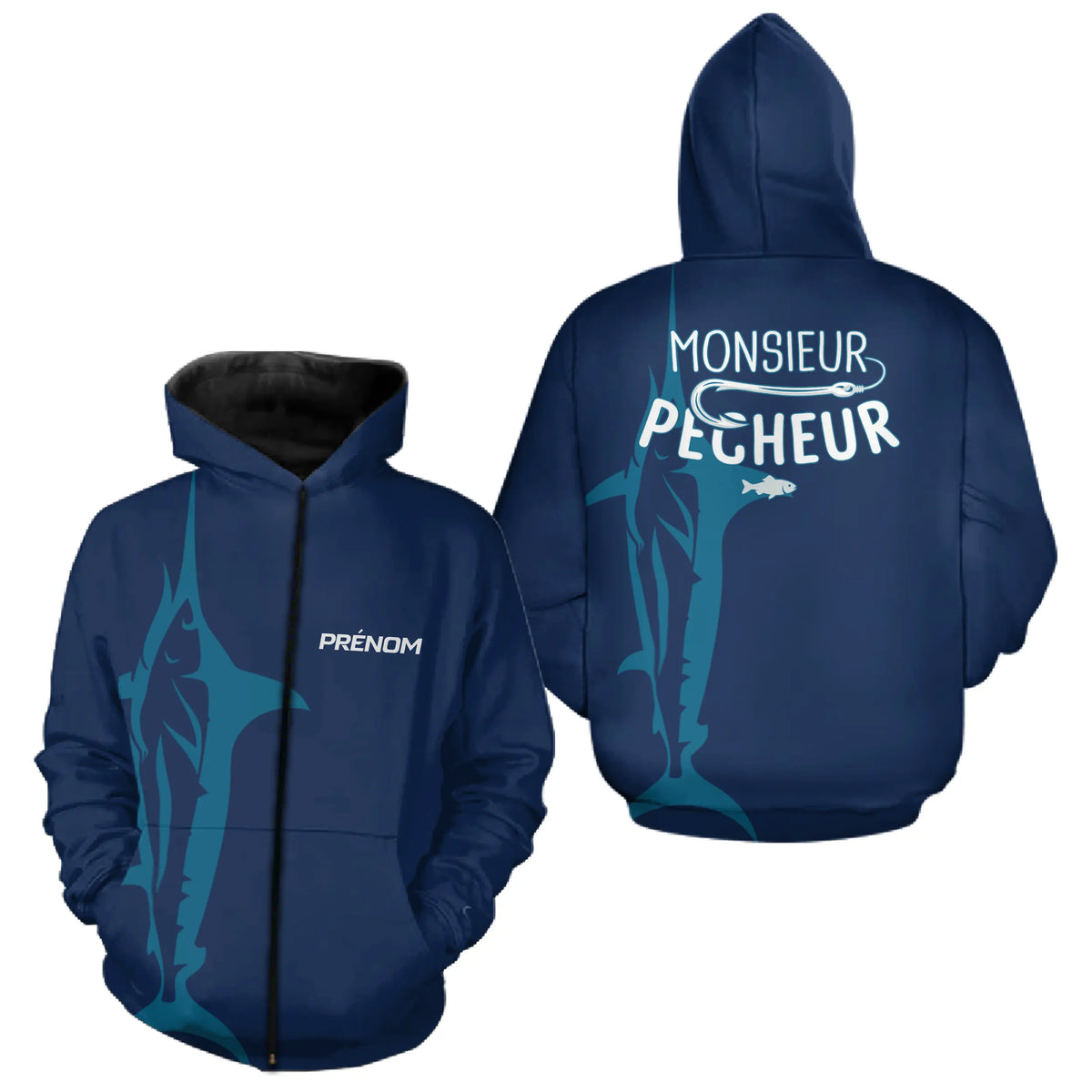 Polo Pêcheur Personnalisé Bleu Marine - Monsieur Pêcheur - Zippé Hoodie Homme