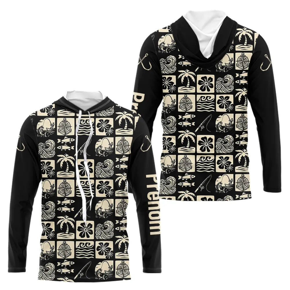 Polo Pêcheur Personnalisé Style Hawaïen - Noir & Beige - Long Sleeves Hoodie Homme