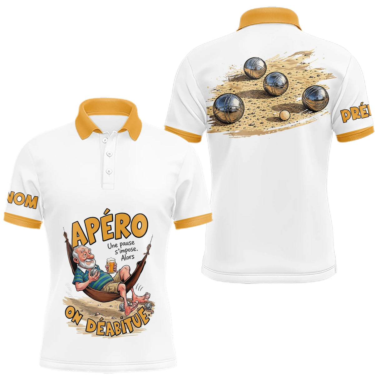Polo Pétanque & Apéro - La Style Blanc & Jaune Personnalisé - Polo Homme