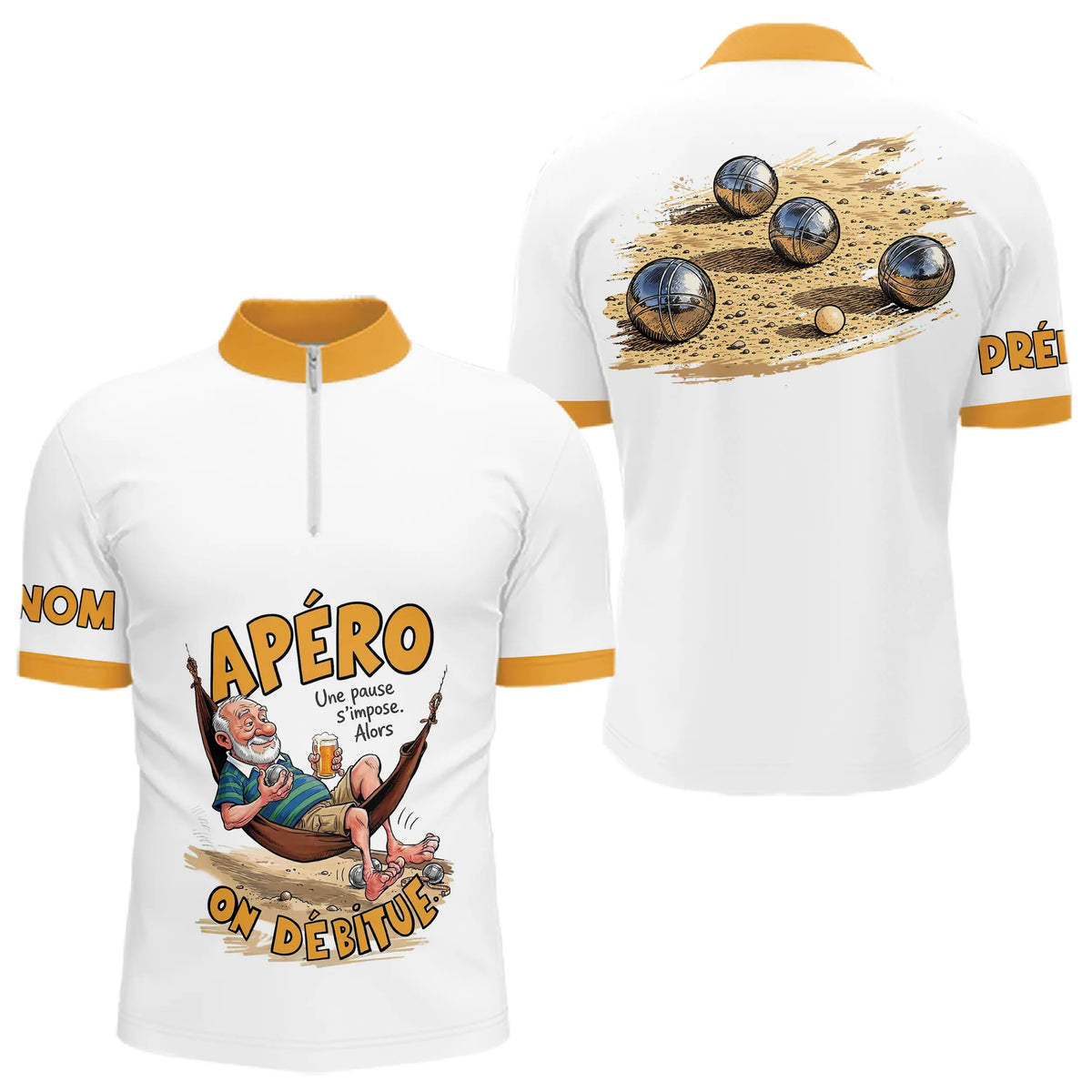 Polo Pétanque & Apéro - Style Blanc & Jaune Personnalisé - Polo Zippé Homme