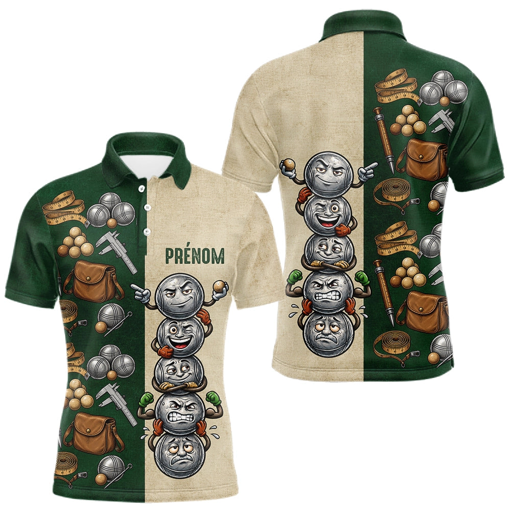 Polo Pétanque Balle Sourire Personnalisé - Vintage Vert et Beige - Polo Homme