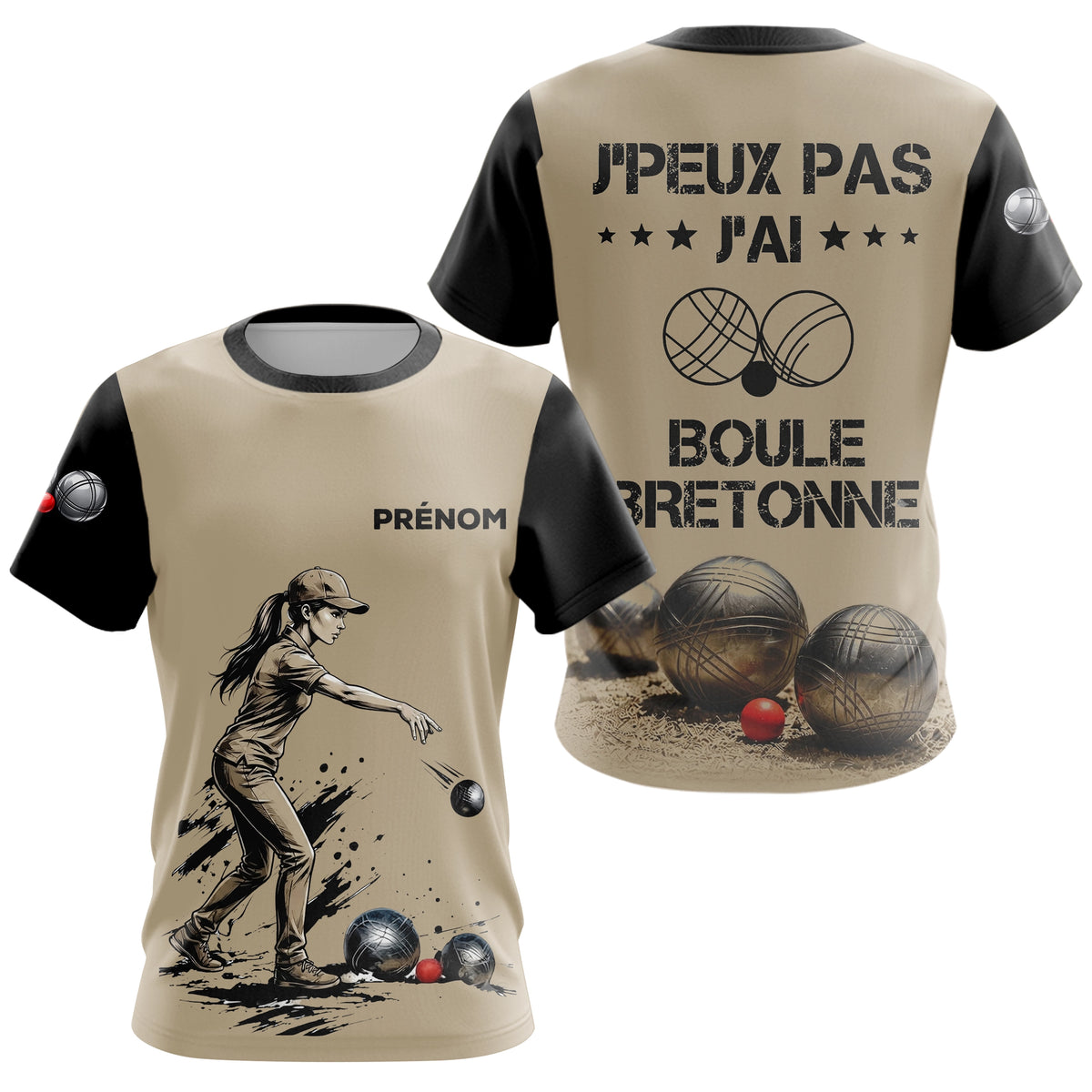 Polo Pétanque Beige & Noir - Boule Bretonne Personnalisé - T-Shirt Femme
