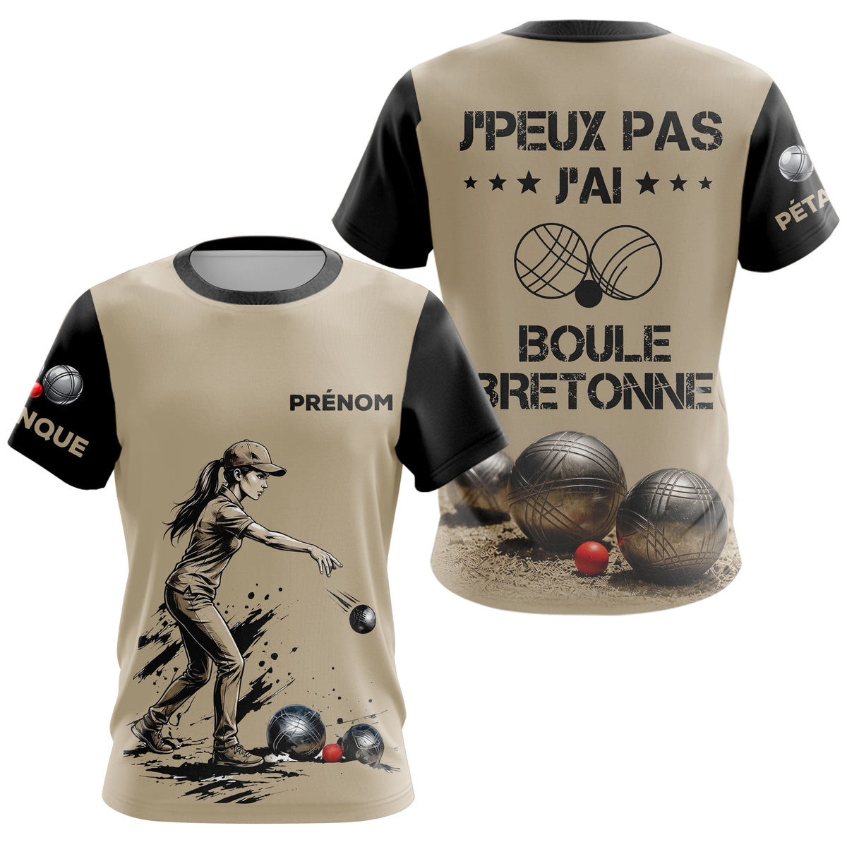 Polo Pétanque Beige & Noir - Personnalisé Boule Bretonne - T-Shirt Femme