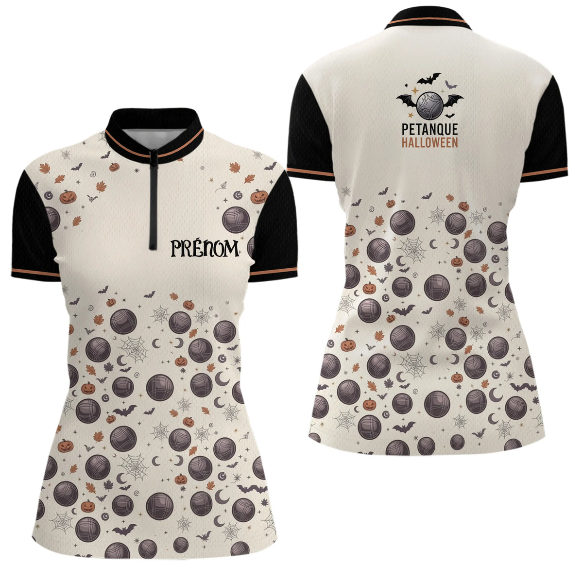 Polo Pétanque Beige & Noir Personnalisé - Halloween Homme Femme - Polo Zippé Femme