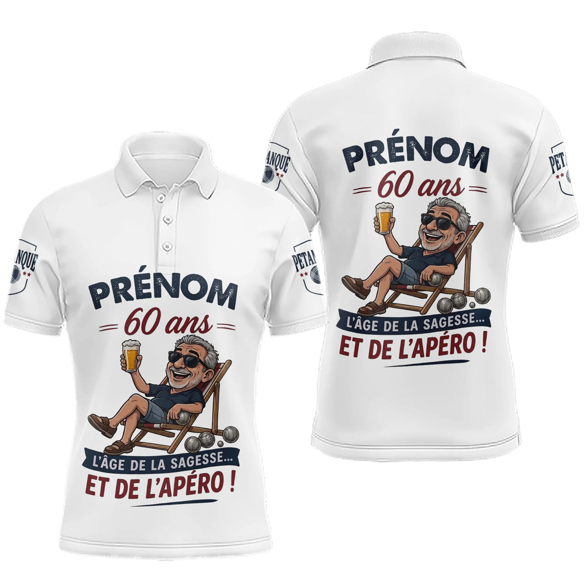 Polo Pétanque Blanc Sur Mesure - Personnalisé 60 Ans - Polo Homme