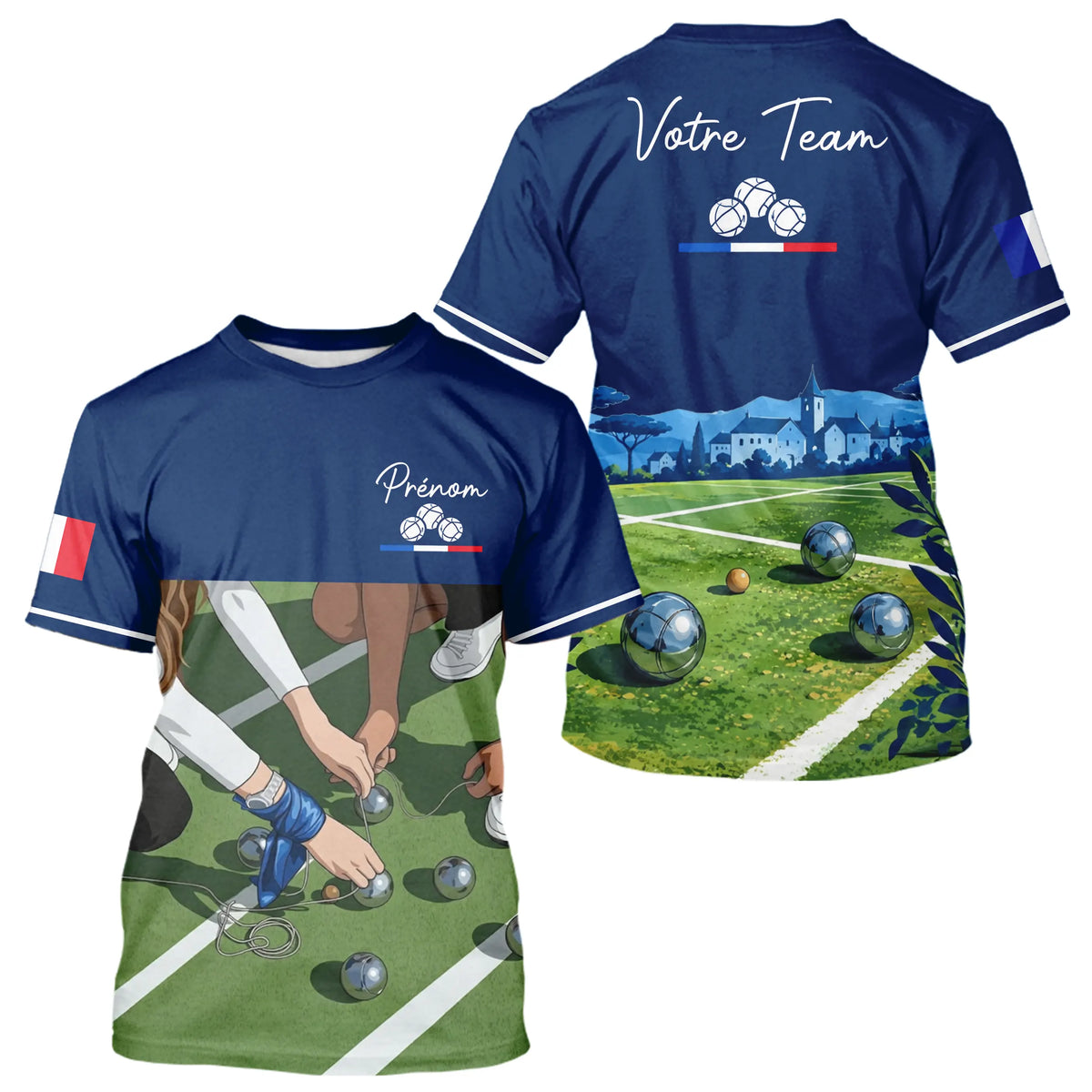 Polo Pétanque Bleu Marine Décor Terrain - Prénom Personnalisé - T-Shirt Homme