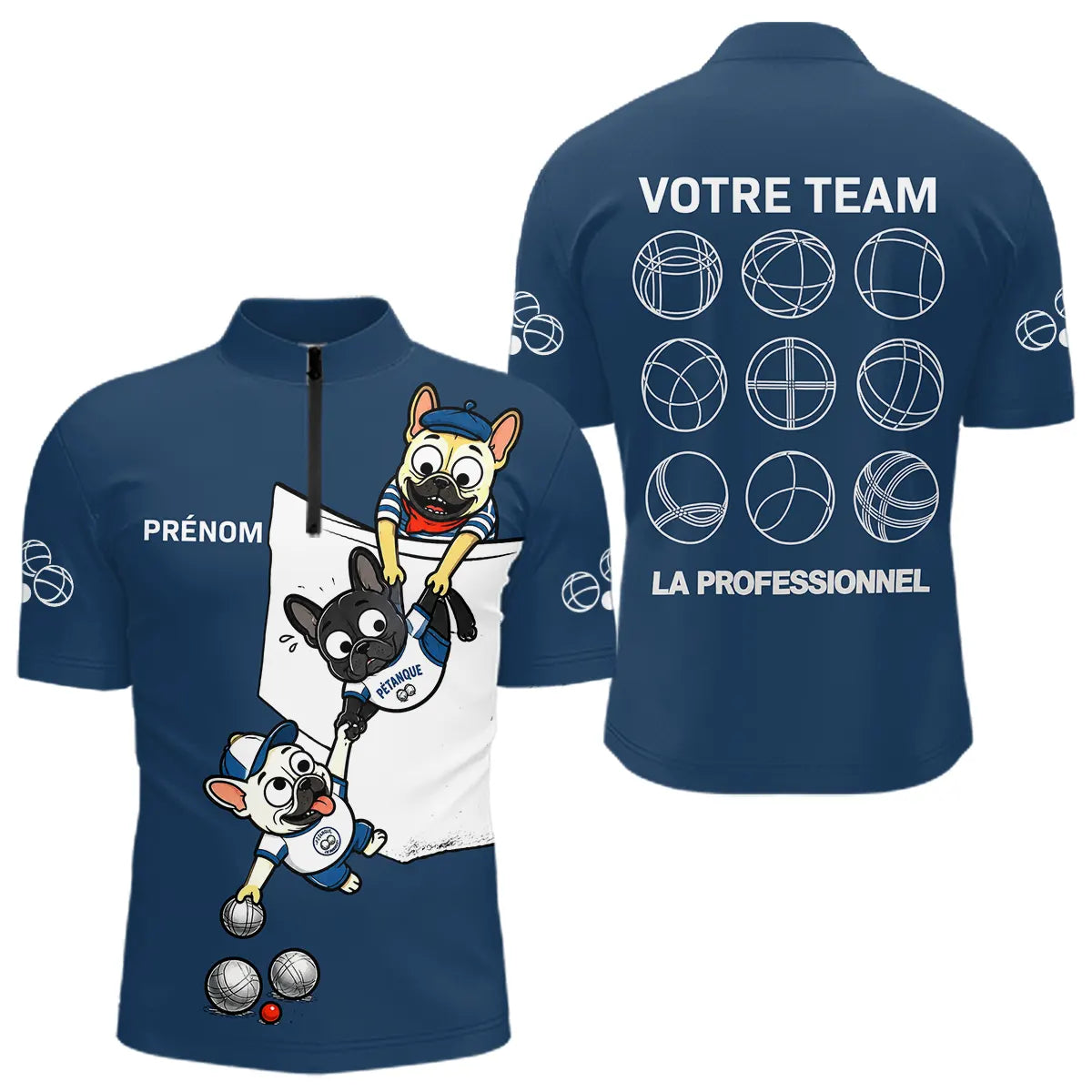 Polo Pétanque Bleu Marine Équipe - Team Bouledogue Français - Polo Zippé Homme