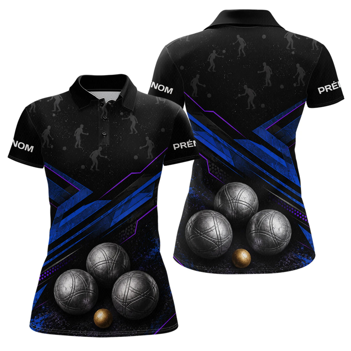 Polo Pétanque Bleu Noir & Boules 3D - Cadeau Boules - Polo Femme