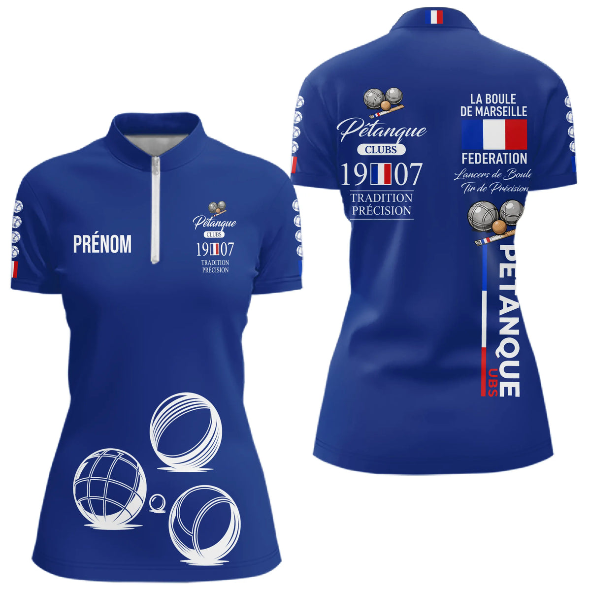 Polo Pétanque Bleu Personnalisé - Tradition & Club - Polo Zippé Femme
